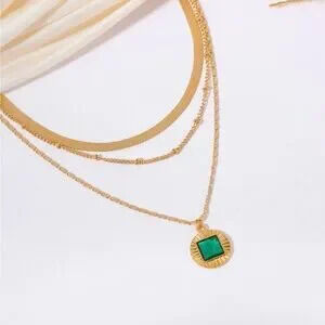 Gold Multi Layered Emerald Pendant Necklace